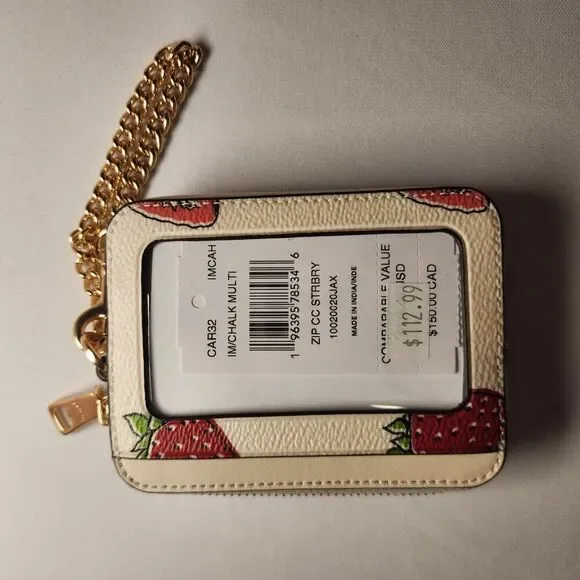 NWT COACH CAR32 STRAWBERRY PRINT ID BADGE Zip Card WALLET - Picture 4 of 7